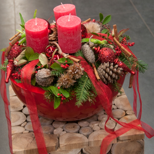 Centre de table Noël - Coupe Nature&Bougies rouges - MB Murielle Bailet ®