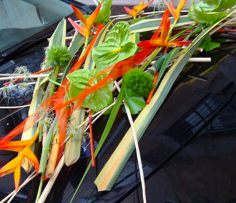 MB412 015 Arrangement floral exotique devant de voiture des mariés - Murielle Bailet Fleuriste